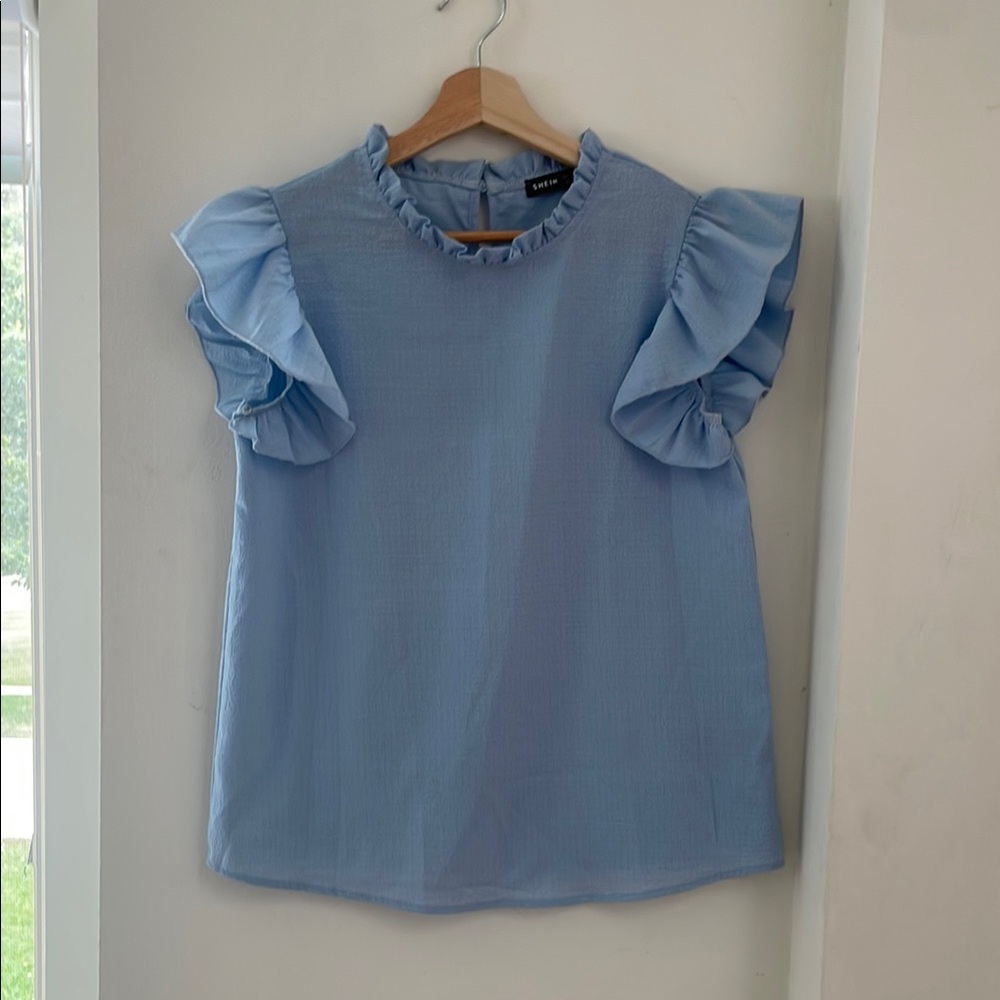 SHEIN Blue Flutter Sleeve Ruffled Blouse